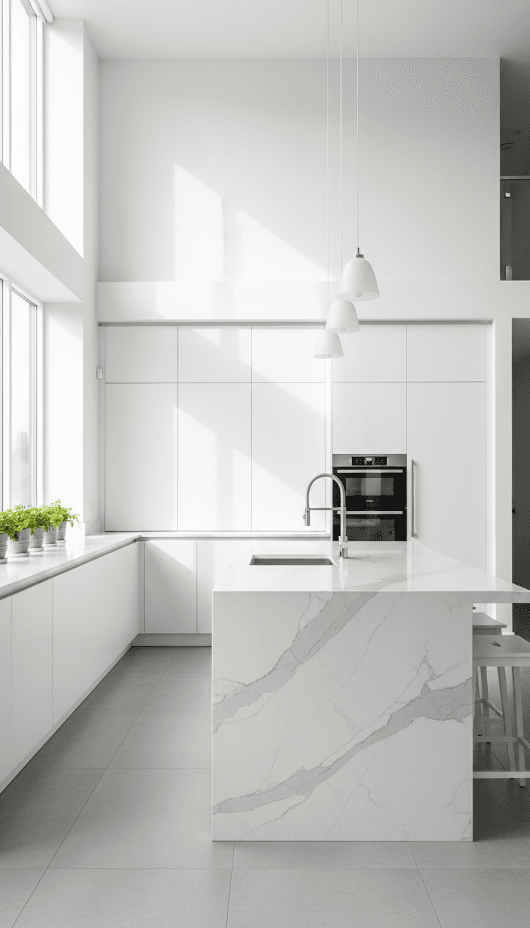 Modern kitchen with white cabinetry and marble countertops