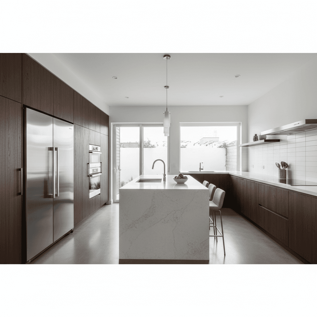 Contemporary kitchen with dark wood cabinets and modern appliances
