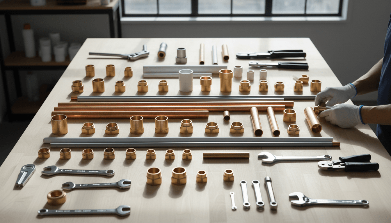 Overhead view of organized plumbing materials, copper pipes, fittings, and professional tools on work table