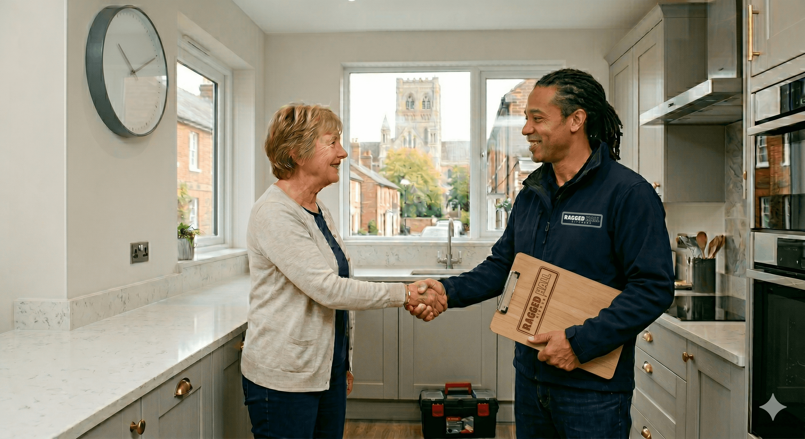 Kitchen contractor shaking hands with a senior woman in a modern, newly renovated kitchen.